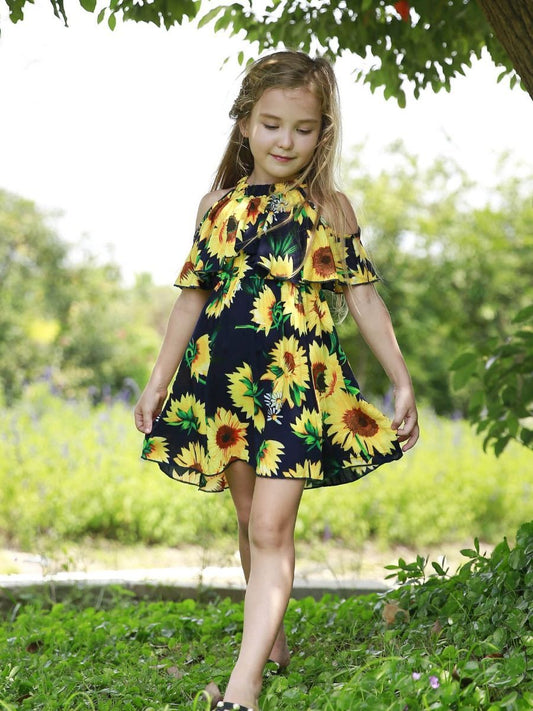 Baby Little Girl Sunflower Off Shoulder Dress New Arrival - dianjiang-