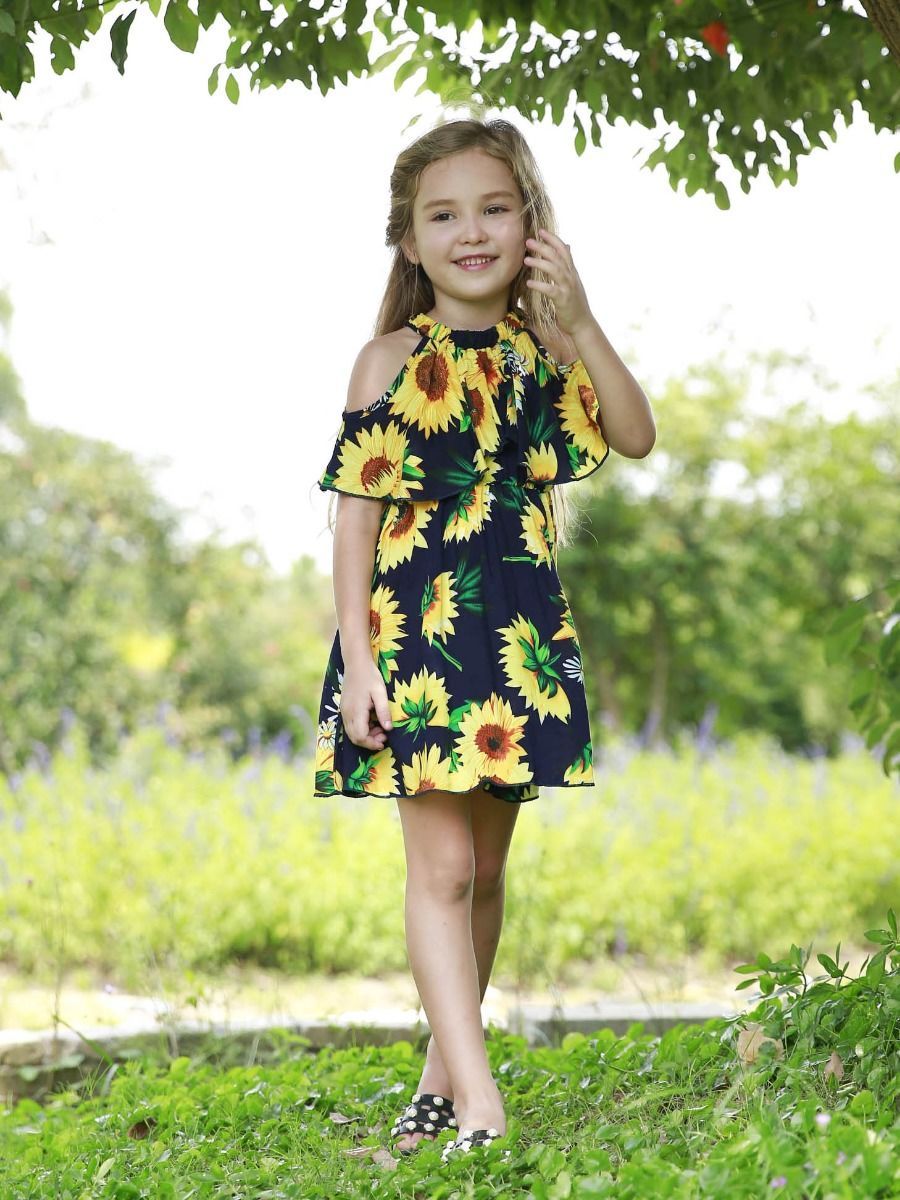 Baby Little Girl Sunflower Off Shoulder Dress New Arrival - dianjiang-