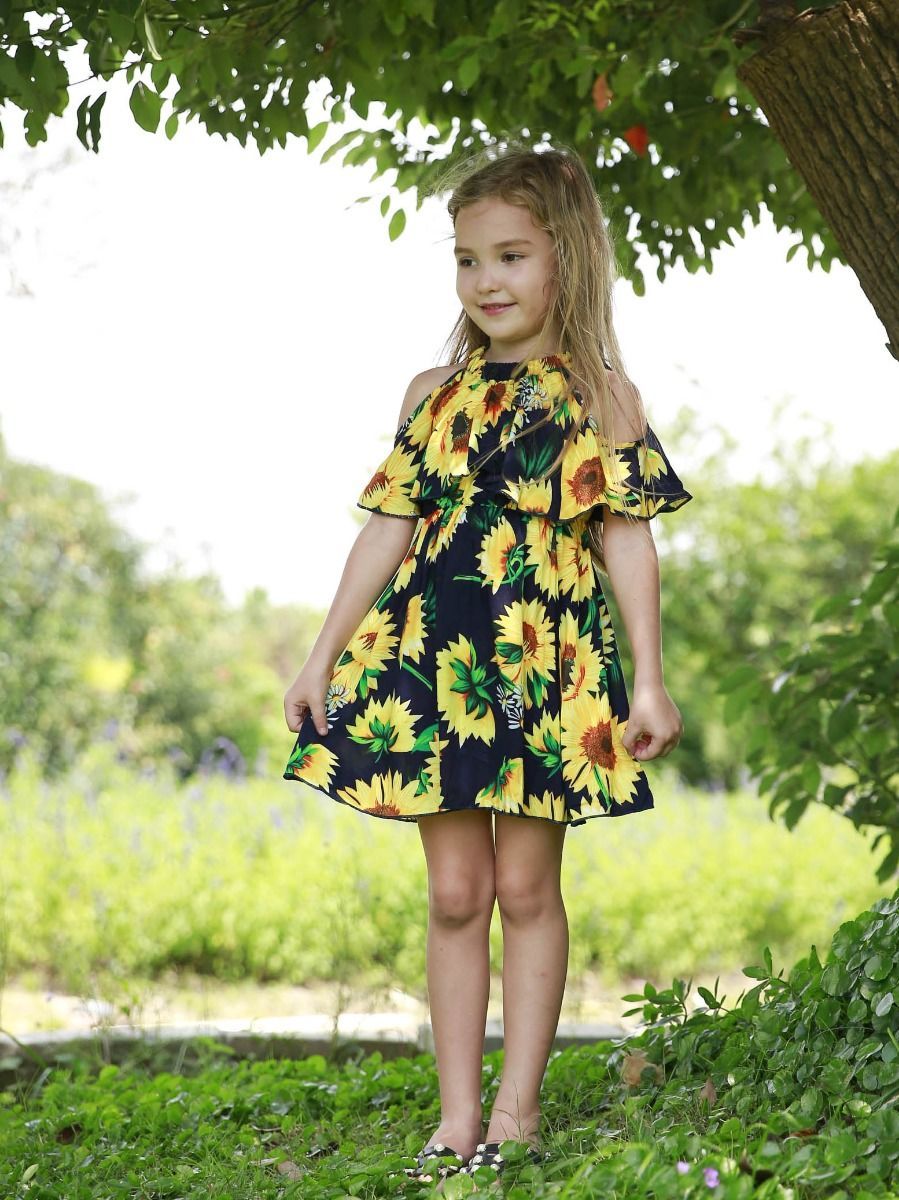 Baby Little Girl Sunflower Off Shoulder Dress New Arrival - dianjiang-