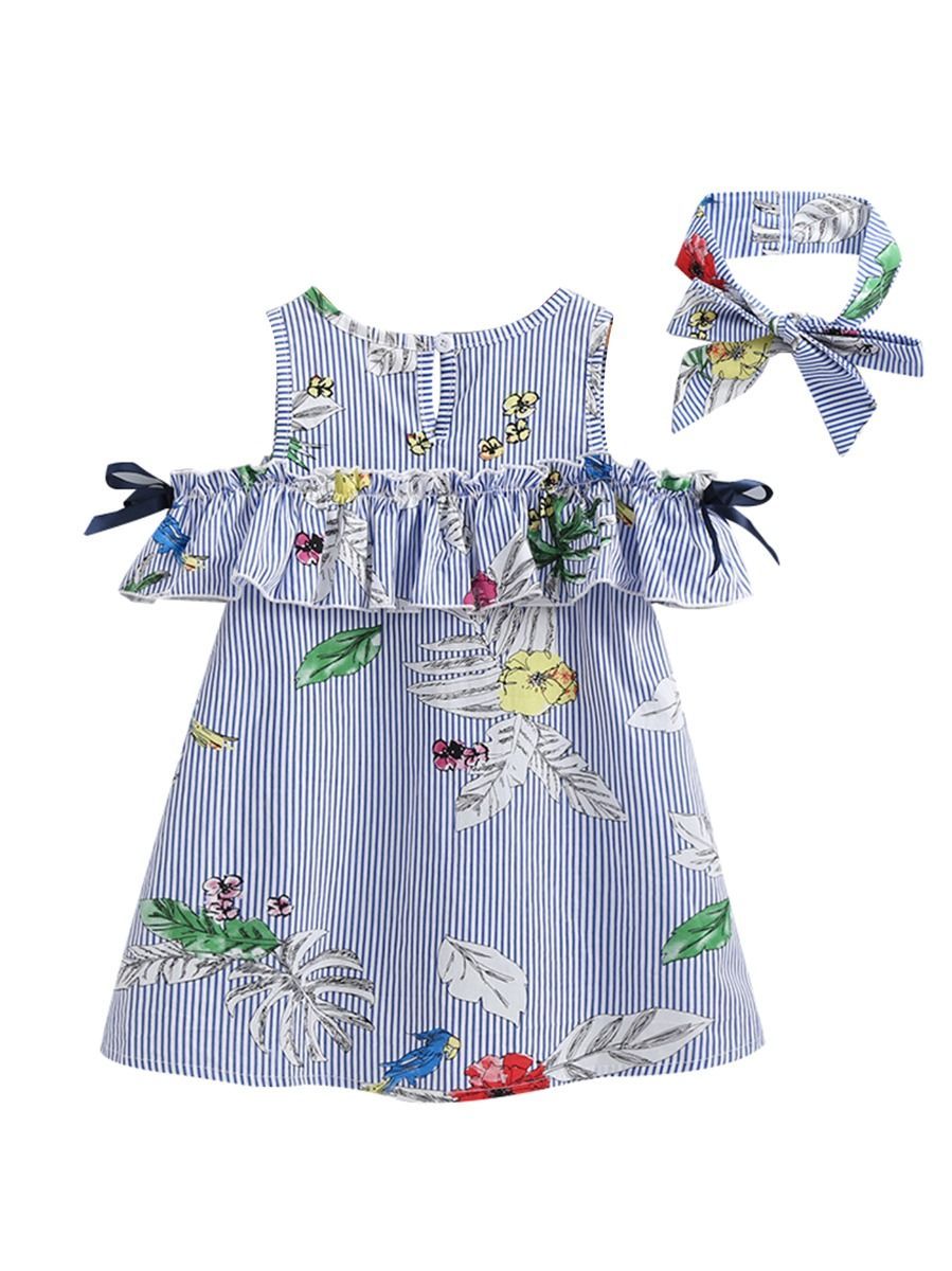 Bow Leaf Flower Pinstripe Clothes Off Shoulder Ruffle Shift Dress Matching Headband - dianjiang-