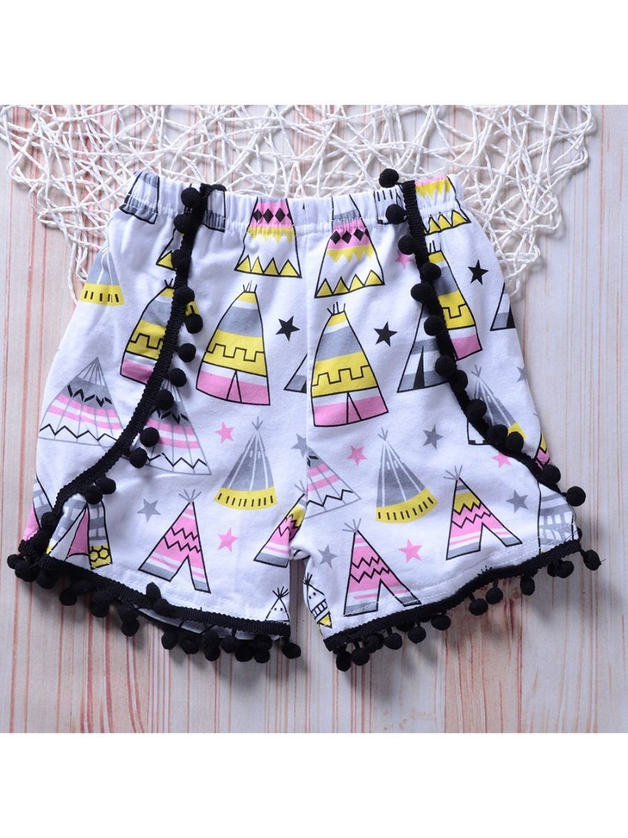 2-Piece Outfit Summer Baby Toddler Girl WILD & FREE Black Ruffle Top Matching Pom Pom Trim Shorts - dianjiang-