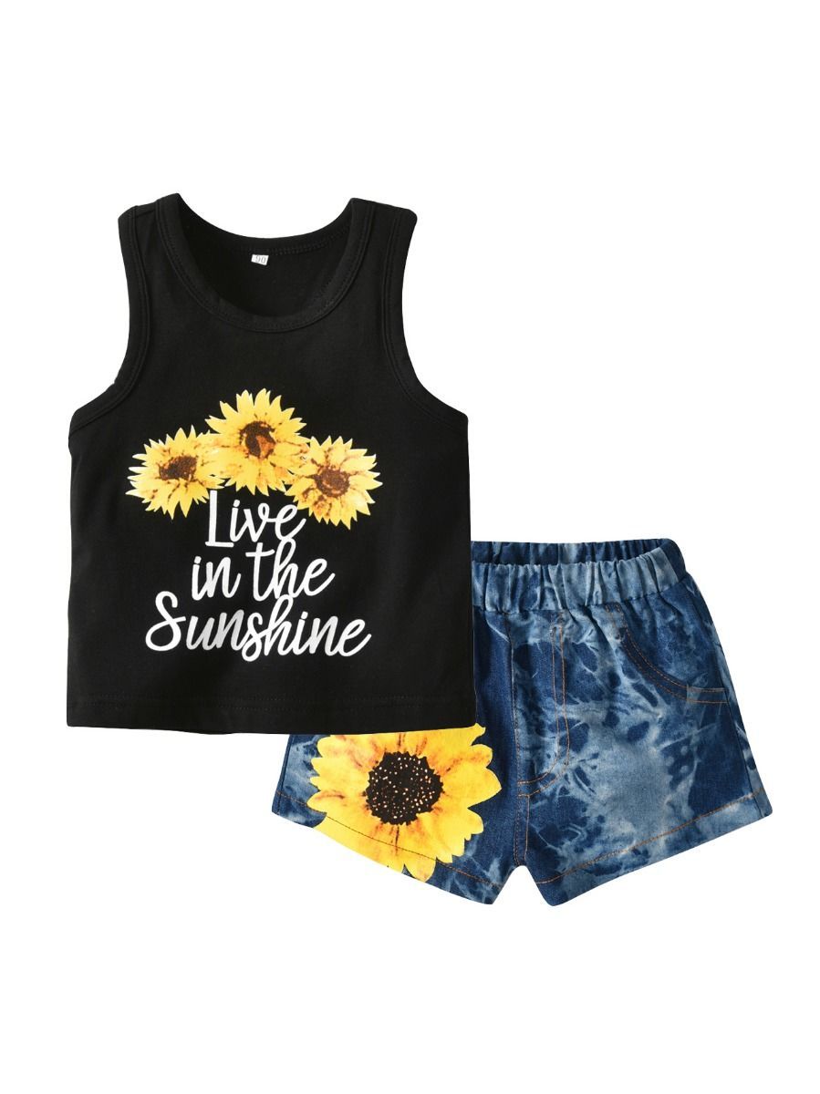 Baby Little Kids Sunflower Outfit Live in the Sunshine Black Tank Top Matching Shorts 2 PCS Summer - dianjiang-