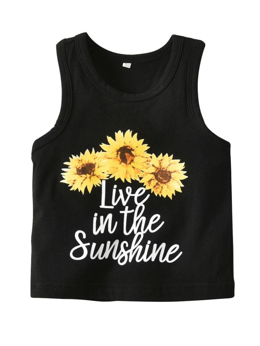 Baby Little Kids Sunflower Outfit Live in the Sunshine Black Tank Top Matching Shorts 2 PCS Summer - dianjiang-