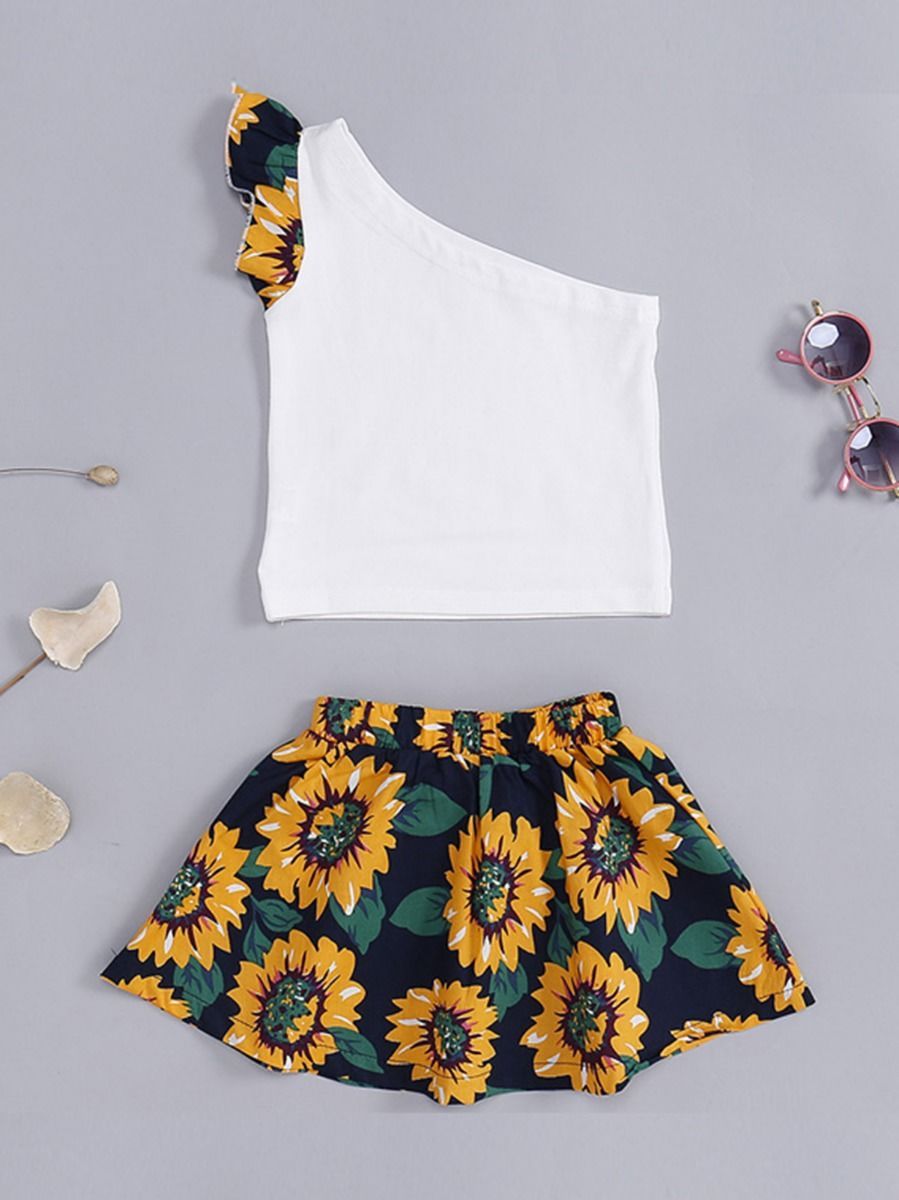 Baby Toddler Girl Clothes Sunflower 2-Piece Outfit One Shoulder Top Matching Skirt Summer - dianjiang-