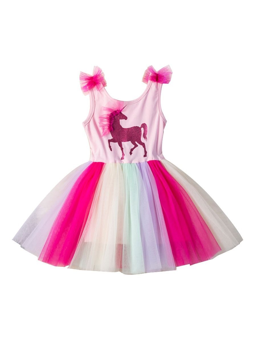 Unicorn Sleeveless Party Wear Color-blocking Mesh Party Girl Dress - dianjiang-