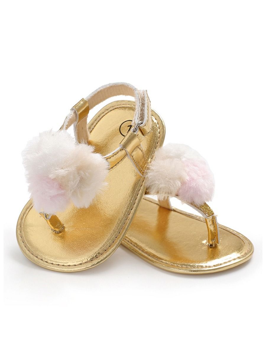 Pom Trim Solid Color Sandal For Baby Girls - dianjiang-