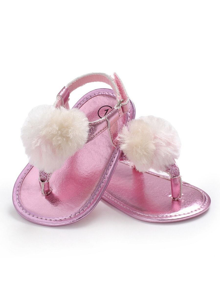 Pom Trim Solid Color Sandal For Baby Girls - dianjiang-