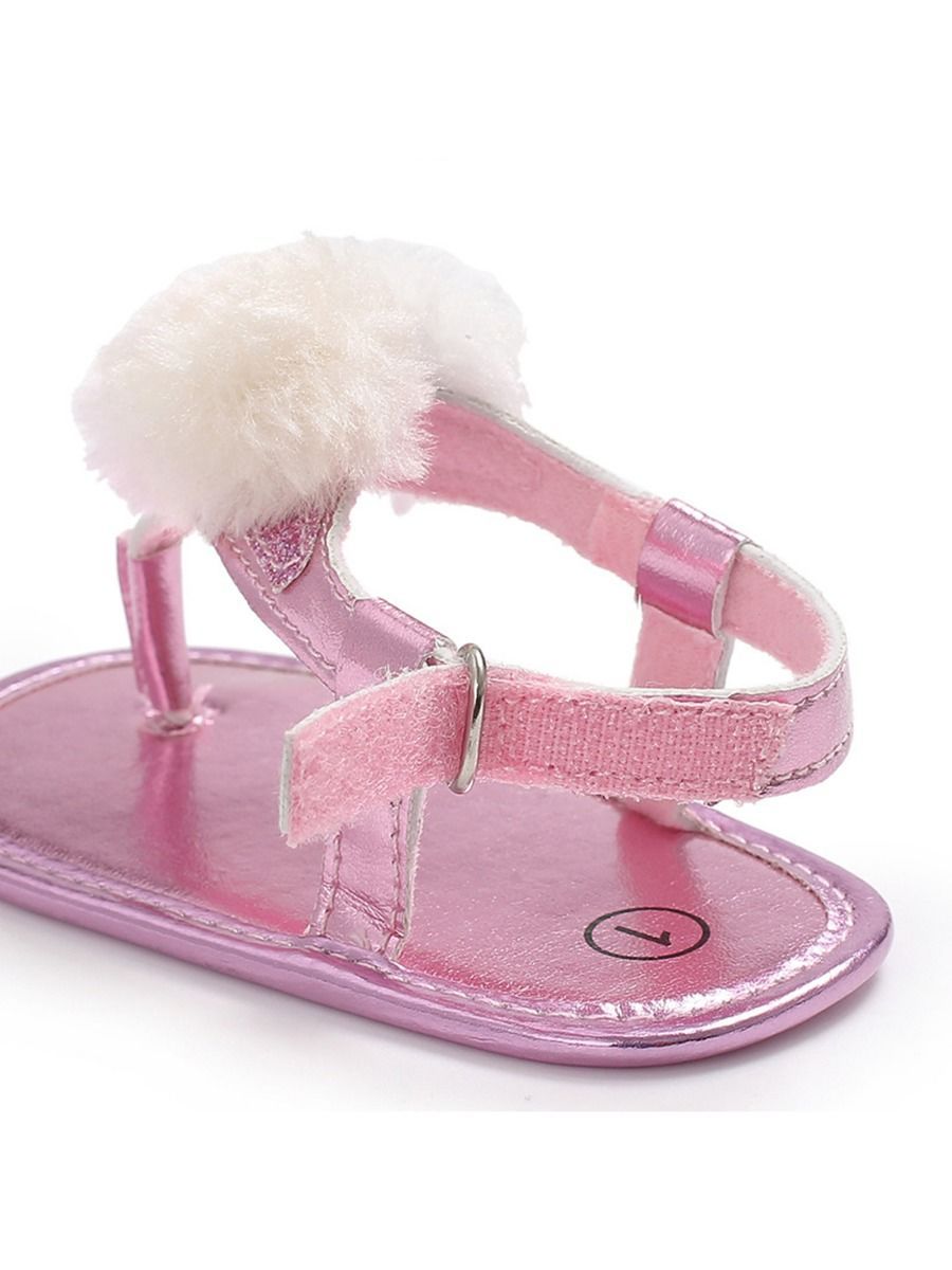 Pom Trim Solid Color Sandal For Baby Girls - dianjiang-