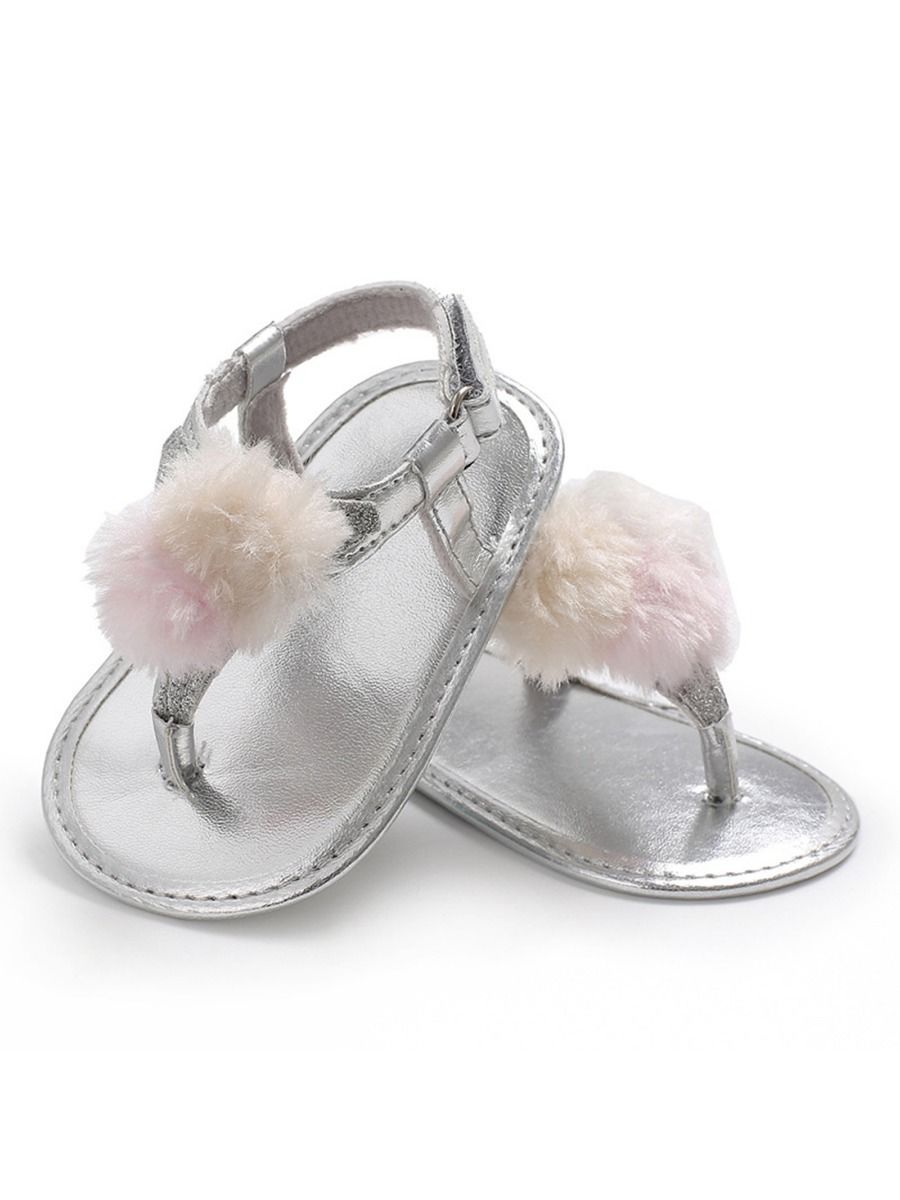 Pom Trim Solid Color Sandal For Baby Girls - dianjiang-