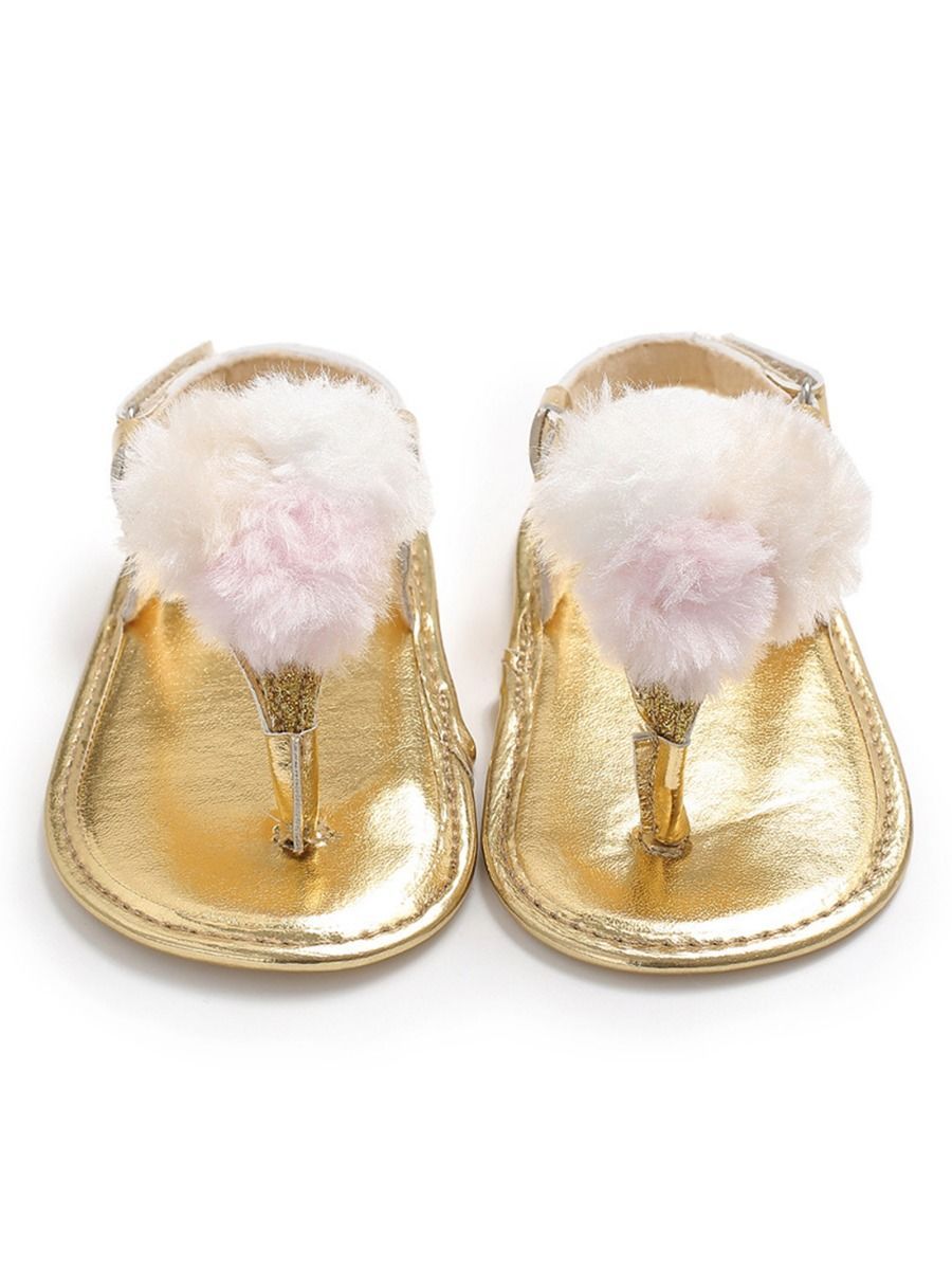 Pom Trim Solid Color Sandal For Baby Girls - dianjiang-