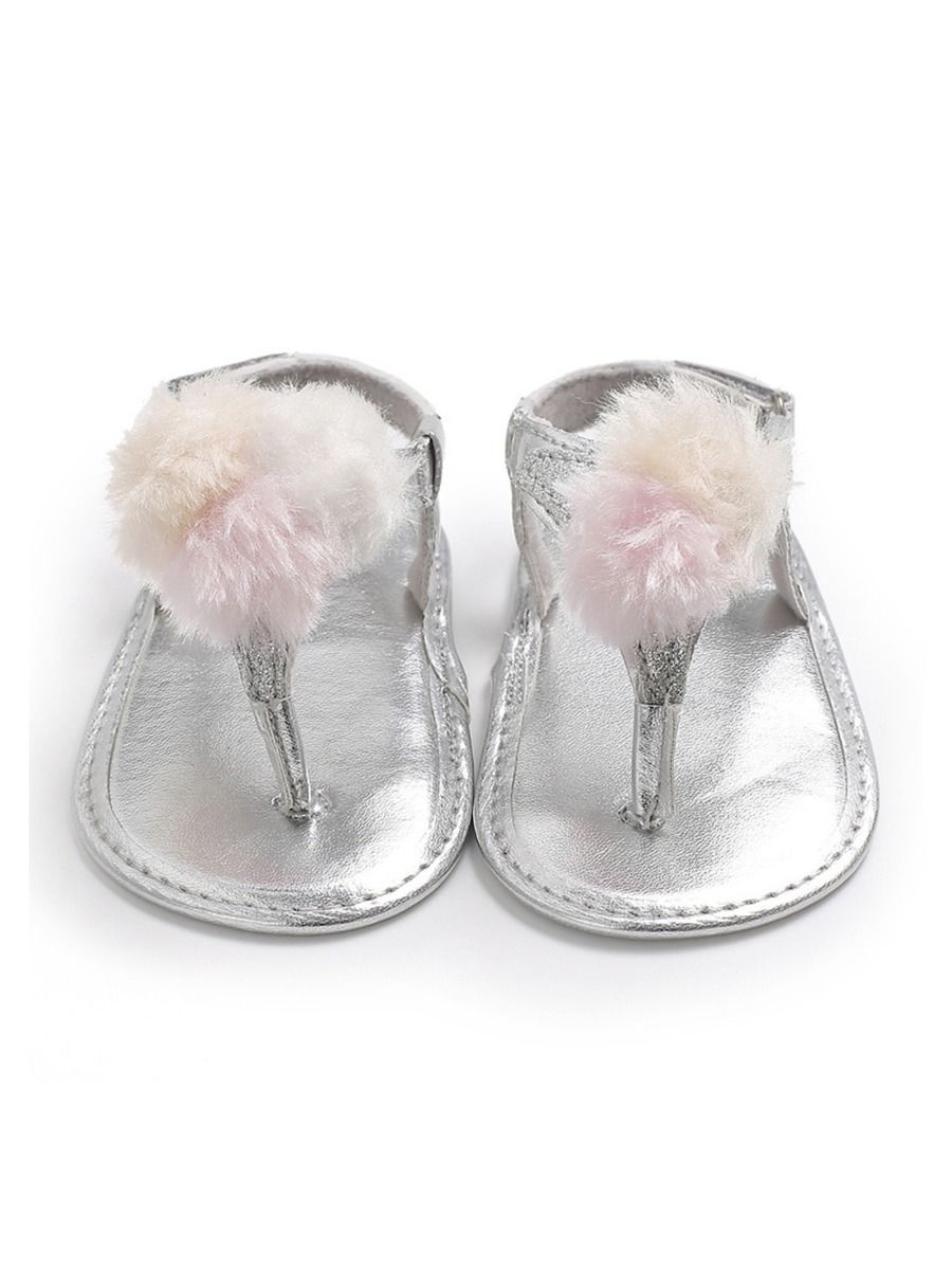 Pom Trim Solid Color Sandal For Baby Girls - dianjiang-