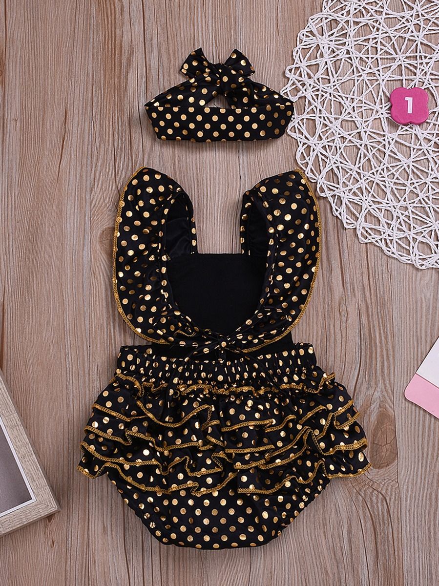 2-Piece Onesie Polka Dots Ruffle Jumpsuit + Headband - dianjiang-