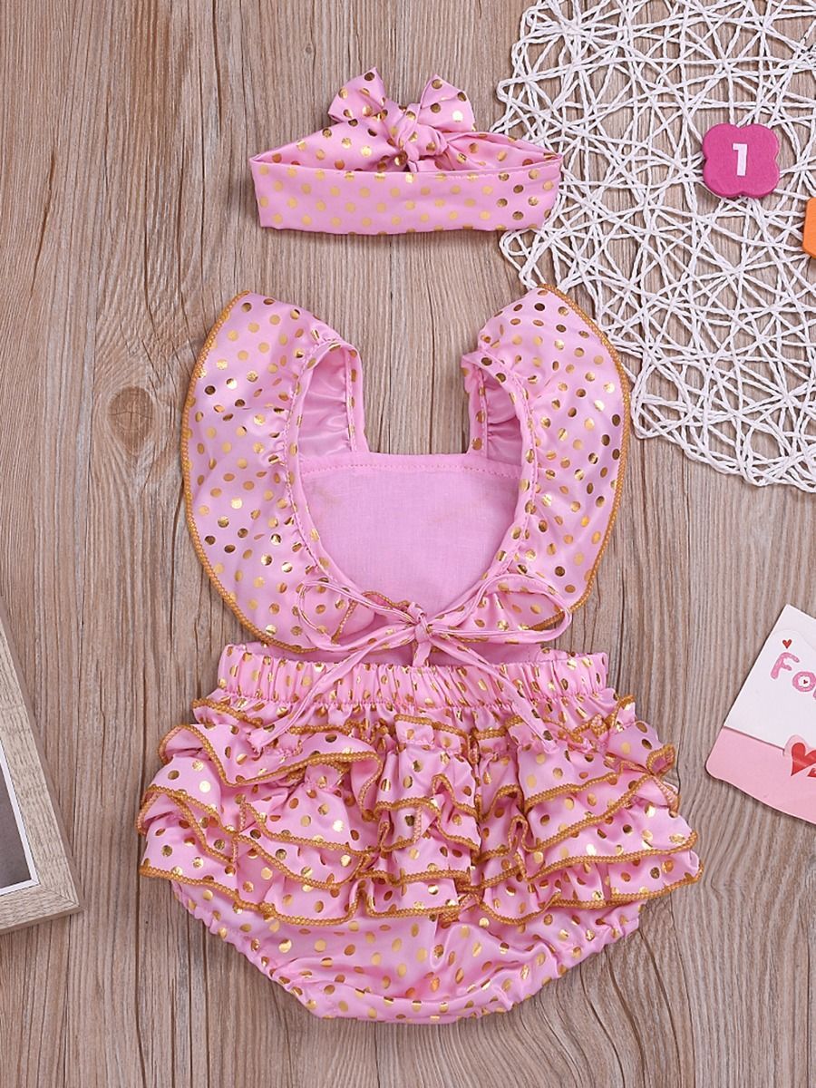 2-Piece Onesie Polka Dots Ruffle Jumpsuit + Headband - dianjiang-