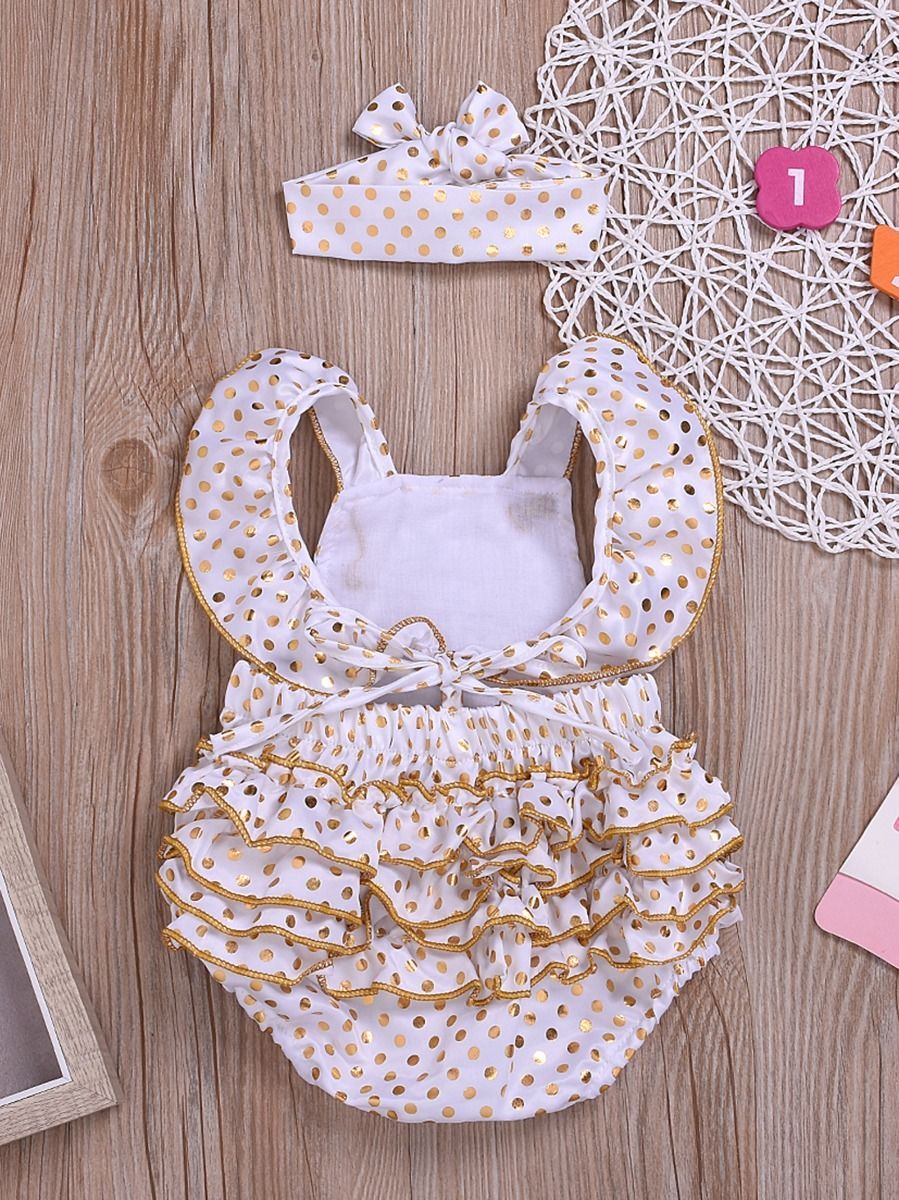 2-Piece Onesie Polka Dots Ruffle Jumpsuit + Headband - dianjiang-