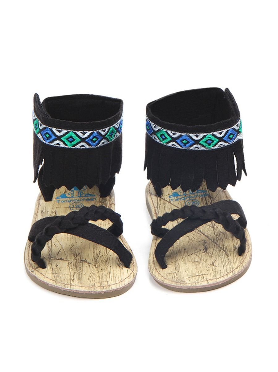 Vintage Tassel Trim Shoes Anti-Slip Prewalker Baby Sandal - dianjiang-