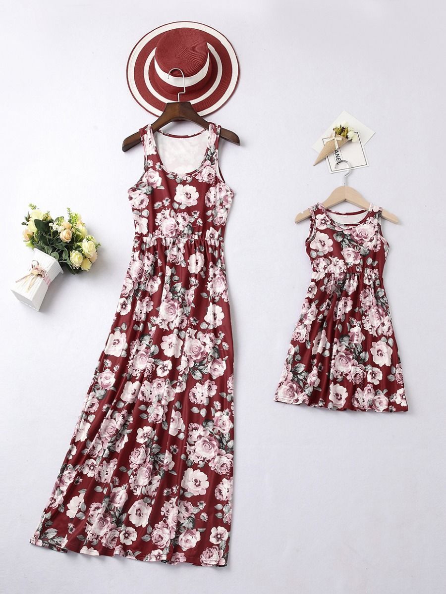 Mommy And Me Family Fitted  Big Flower Sleeveless Dress - dianjiang-