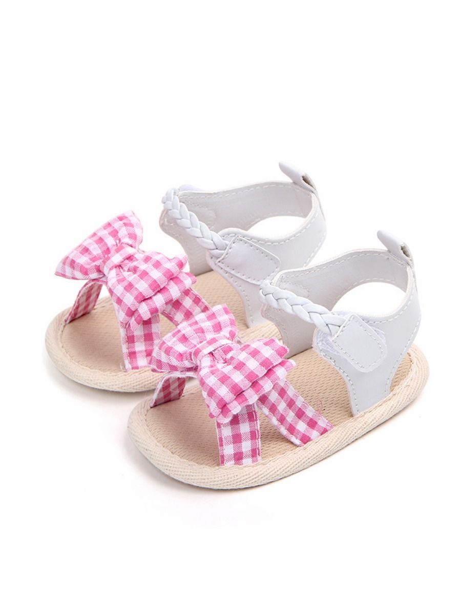 Solid Color Plaid Bow Trim Baby Girls Sandals Summer - dianjiang-