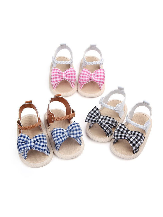 Solid Color Plaid Bow Trim Baby Girls Sandals Summer - dianjiang-