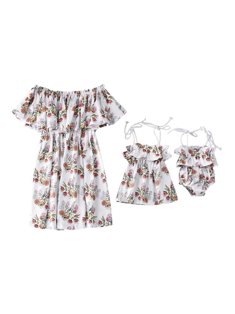 Mom and Me Flower Off Shoulder Dress Tie Onesie - dianjiang-