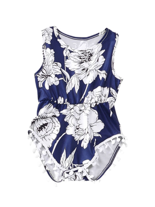 Playsuit Matching Pom Pom Trim Flower Baby Romper - dianjiang-