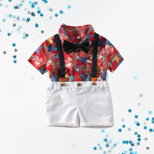 4-Piece Hawaii Style Baby Toddler Boy Outfit Shirt Matching Bowtie+Suspender Shorts - dianjiang-