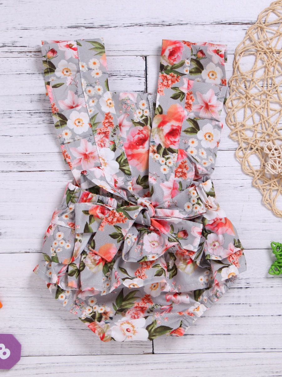 Ruffle Sleeve Backless Onesie Flower Romper - dianjiang-