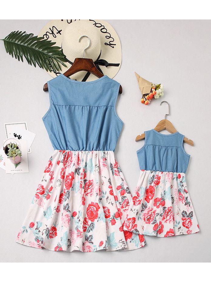 Mom And Me Family Fitted  Flower Denim Patchwork Sleeveless Kids Dress - dianjiang-