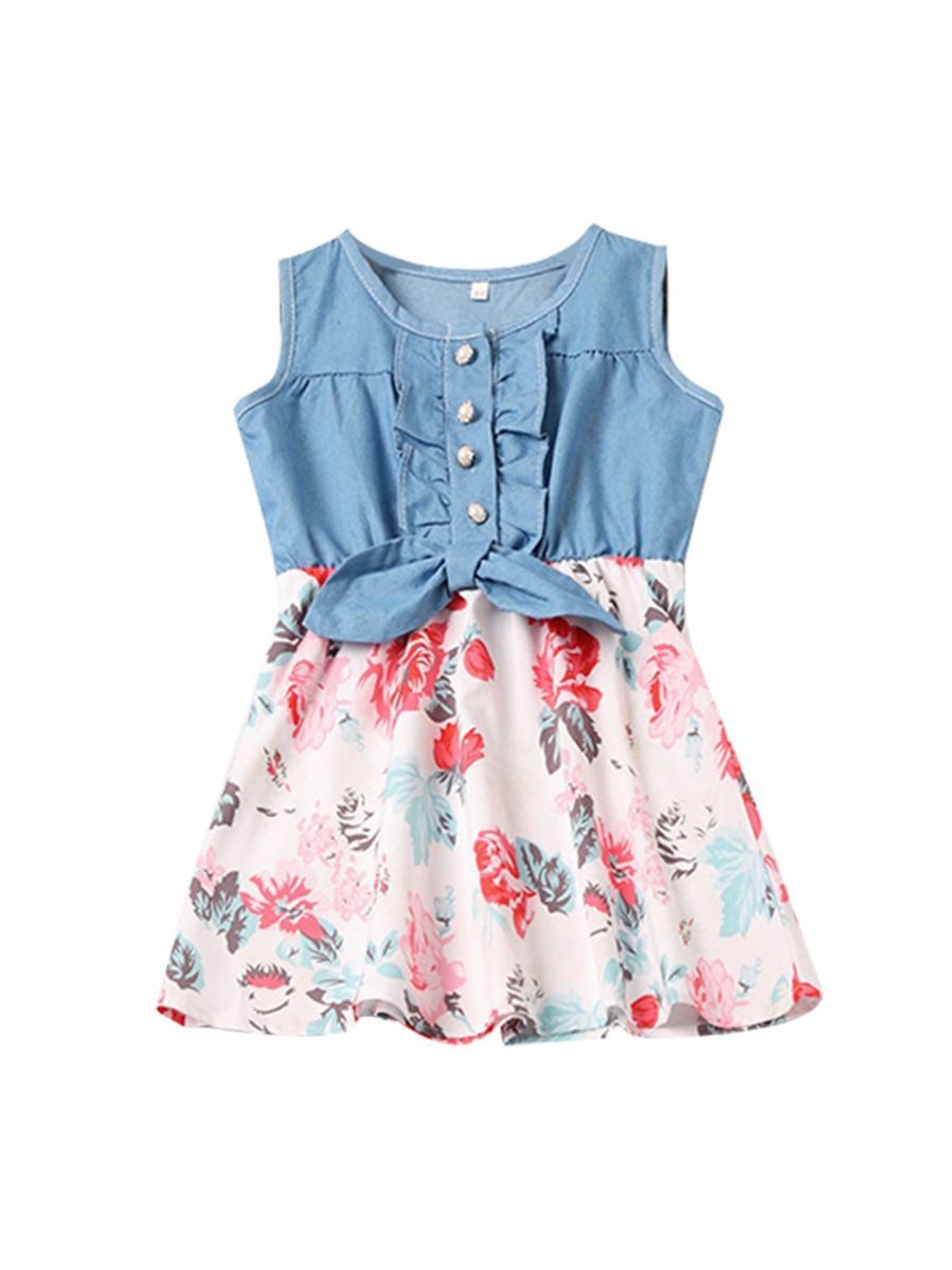 Mom And Me Family Fitted  Flower Denim Patchwork Sleeveless Kids Dress - dianjiang-