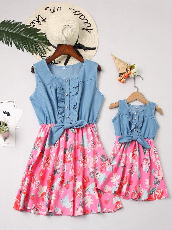 Mom And Me Family Fitted  Flower Denim Patchwork Sleeveless Kids Dress - dianjiang-