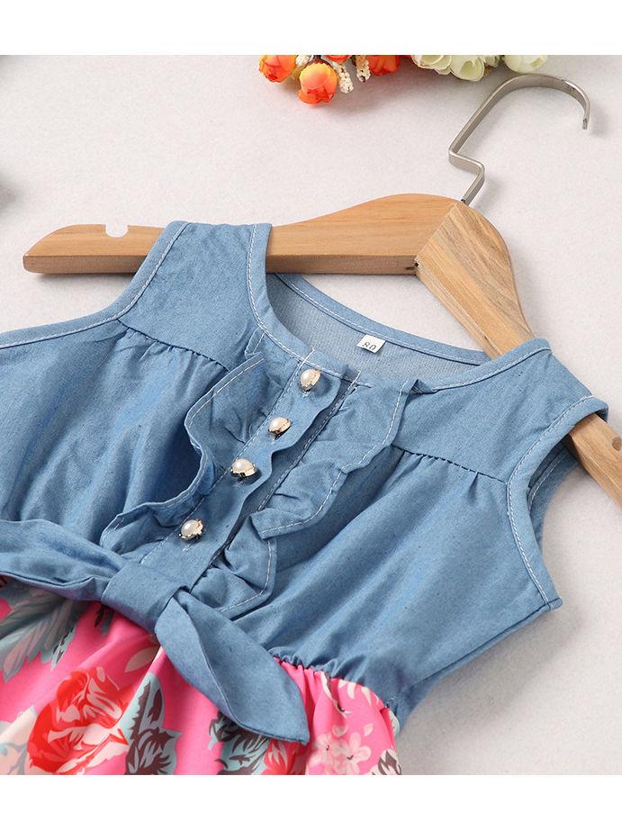 Mom And Me Family Fitted  Flower Denim Patchwork Sleeveless Kids Dress - dianjiang-