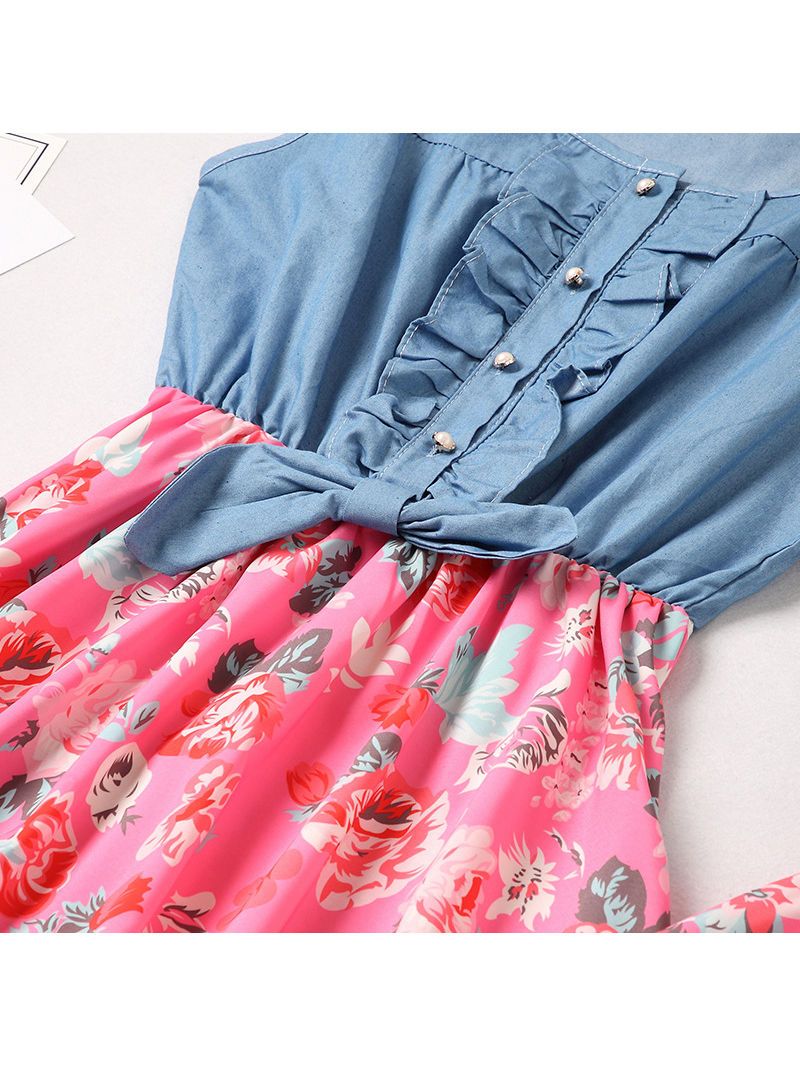 Mom And Me Family Fitted  Flower Denim Patchwork Sleeveless Kids Dress - dianjiang-