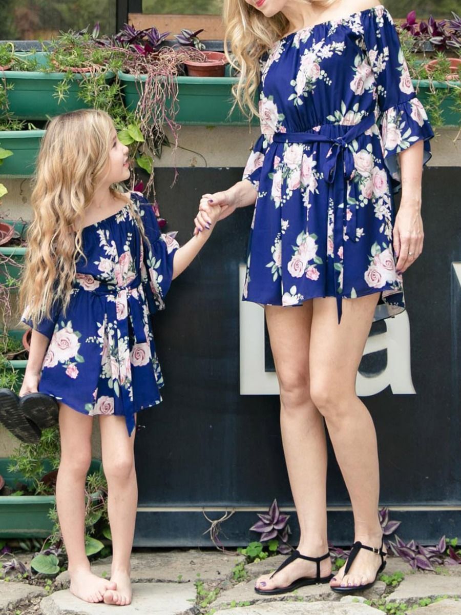 Mommy and Me Family Fitted Flower Overall Print Off Shoulder Dress - dianjiang-