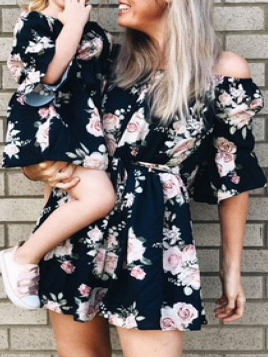 Mommy and Me Family Fitted Flower Overall Print Off Shoulder Dress - dianjiang-