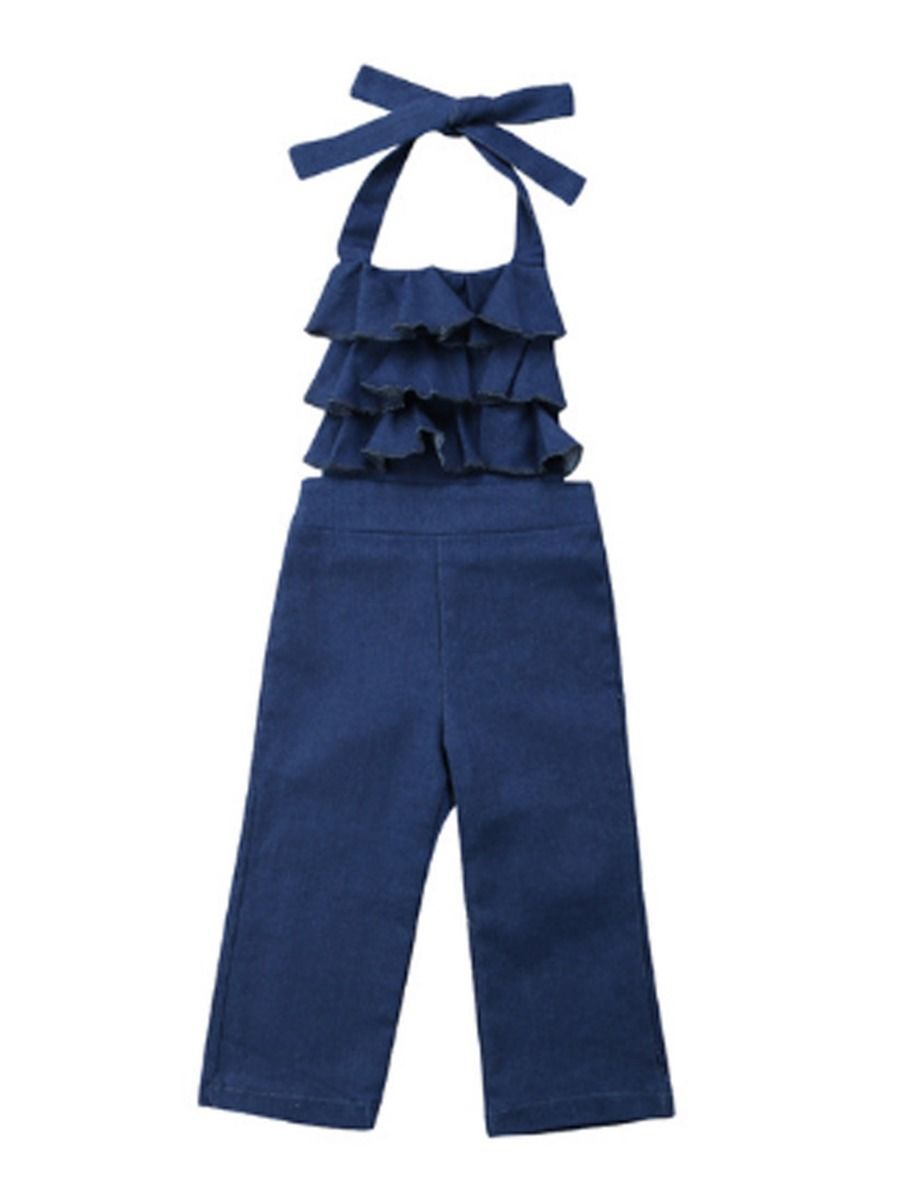 Fashion Ruffle Halter Neck Backless Blue Baby Romper Overall - dianjiang-