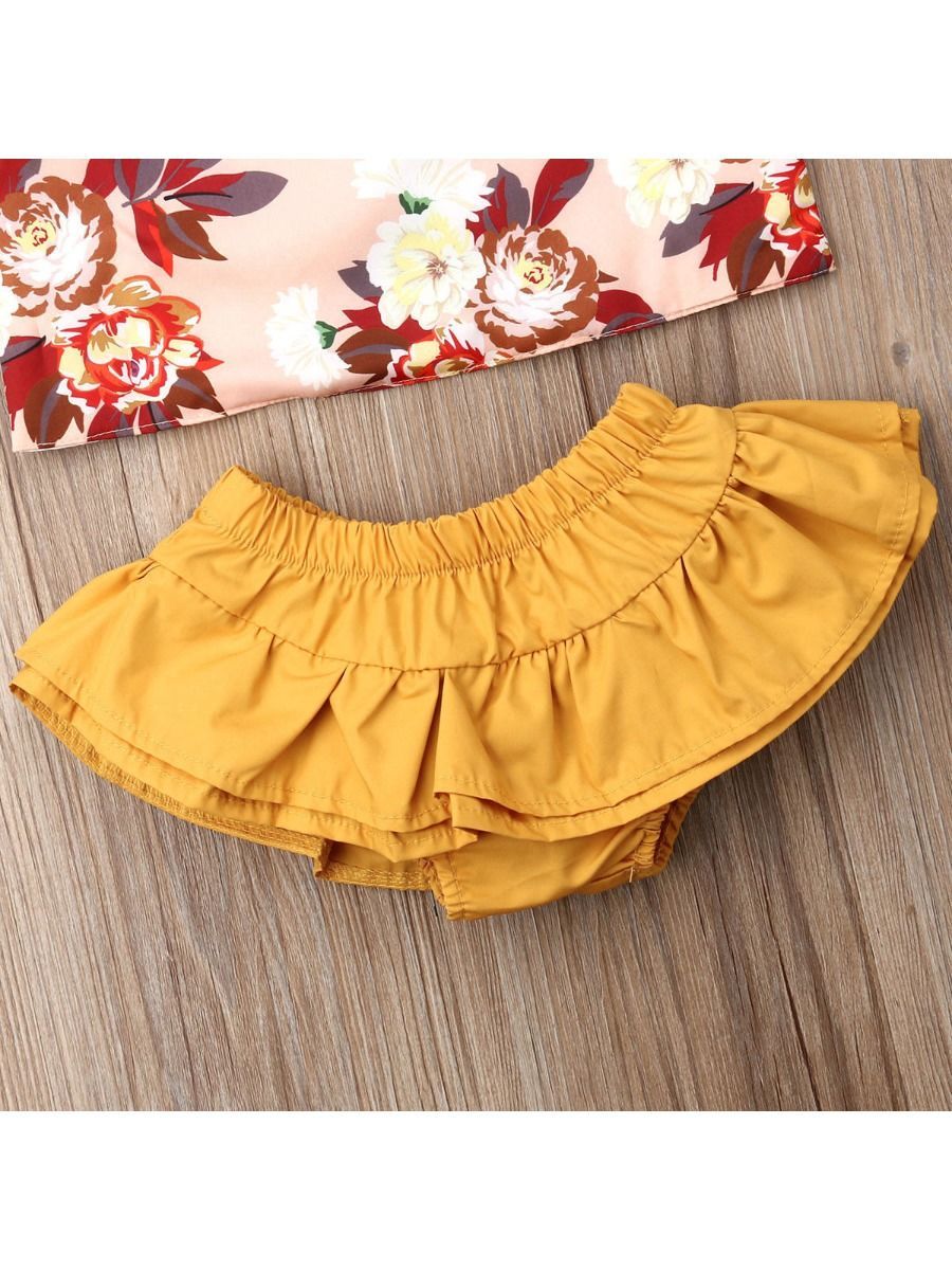 2-Piece Outfit Sleeveless Flower Top + Ruffle Shorts For Baby Toddler Girls - dianjiang-