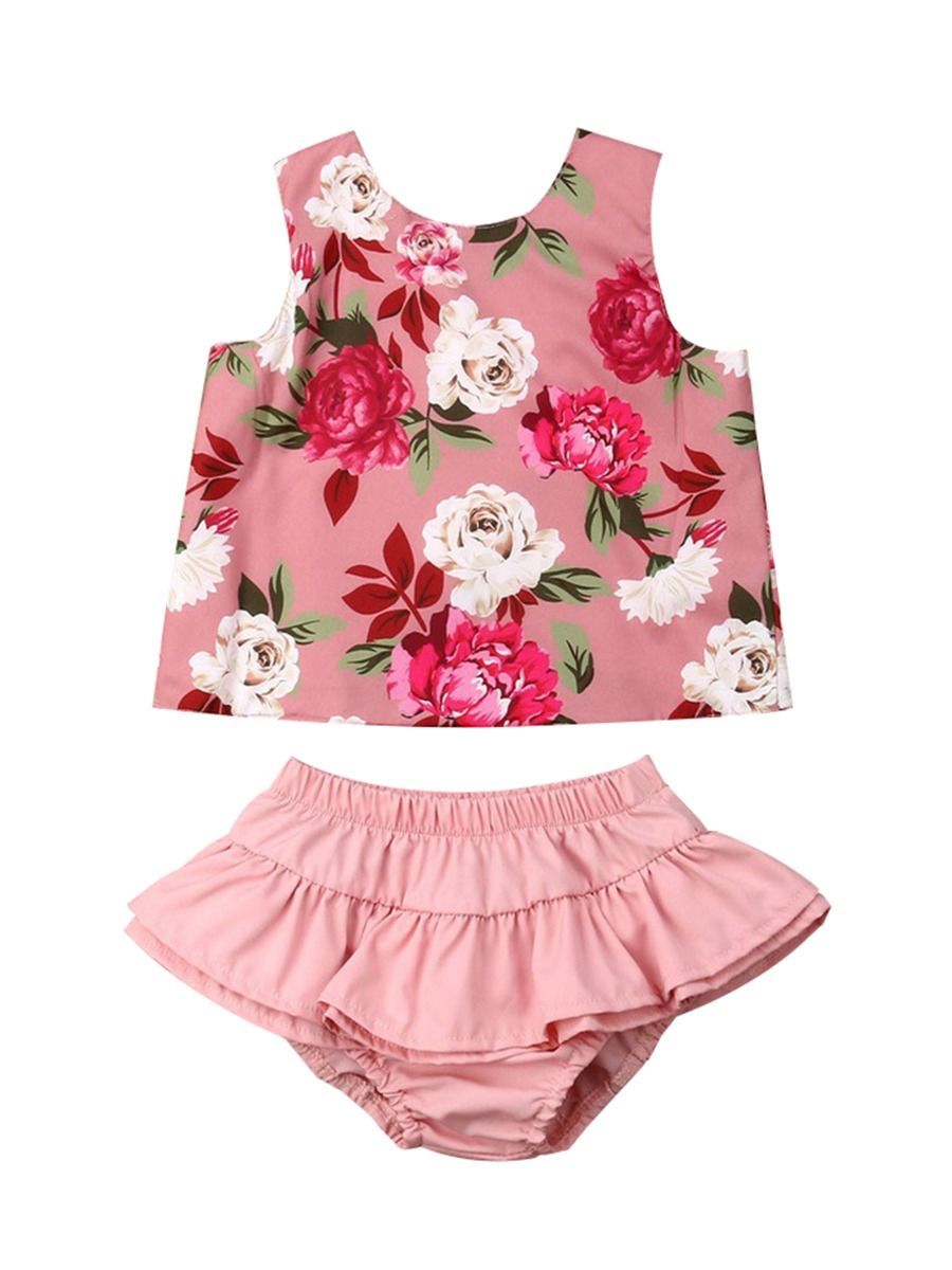 2-Piece Outfit Sleeveless Flower Top + Ruffle Shorts For Baby Toddler Girls - dianjiang-