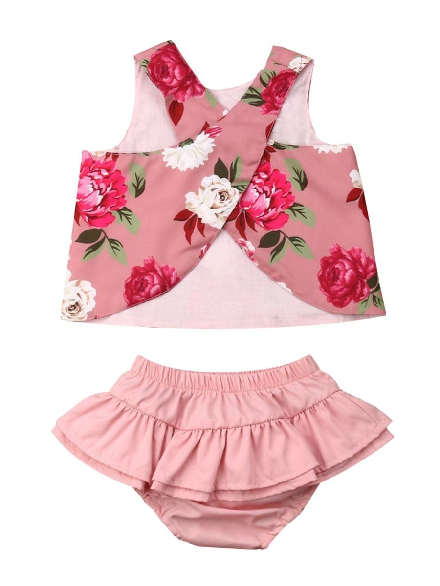 2-Piece Outfit Sleeveless Flower Top + Ruffle Shorts For Baby Toddler Girls - dianjiang-