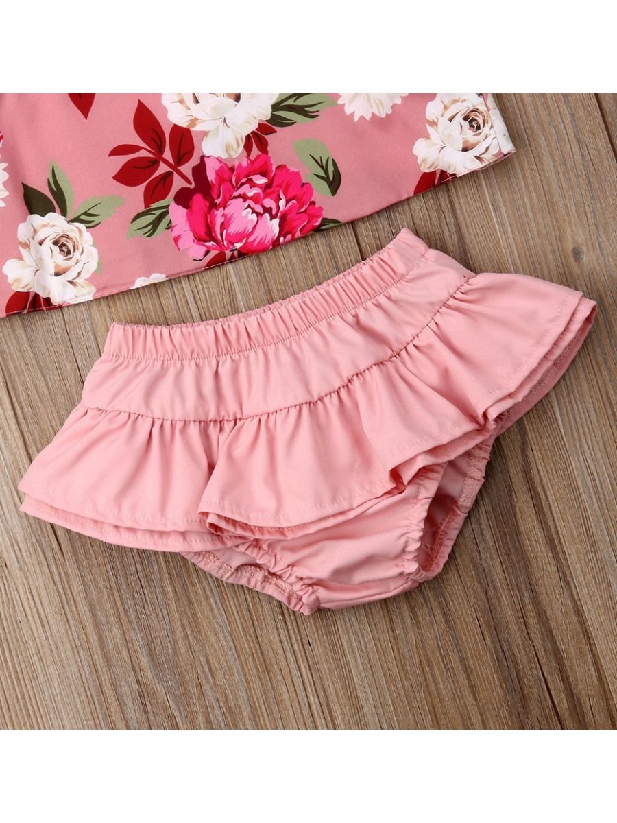 2-Piece Outfit Sleeveless Flower Top + Ruffle Shorts For Baby Toddler Girls - dianjiang-