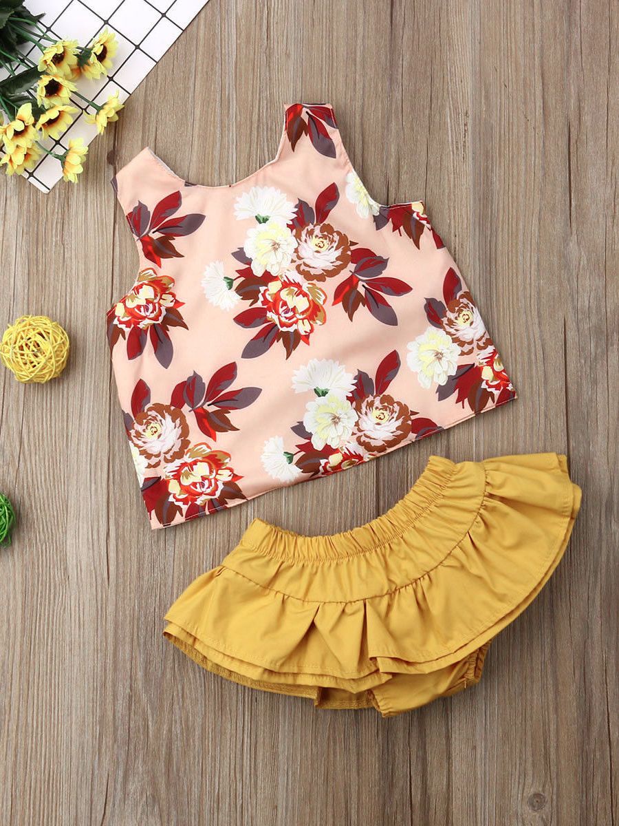 2-Piece Outfit Sleeveless Flower Top + Ruffle Shorts For Baby Toddler Girls - dianjiang-