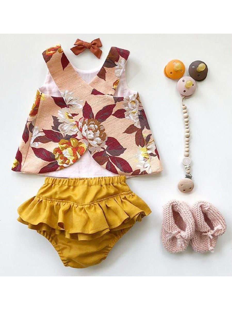 2-Piece Outfit Sleeveless Flower Top + Ruffle Shorts For Baby Toddler Girls - dianjiang-