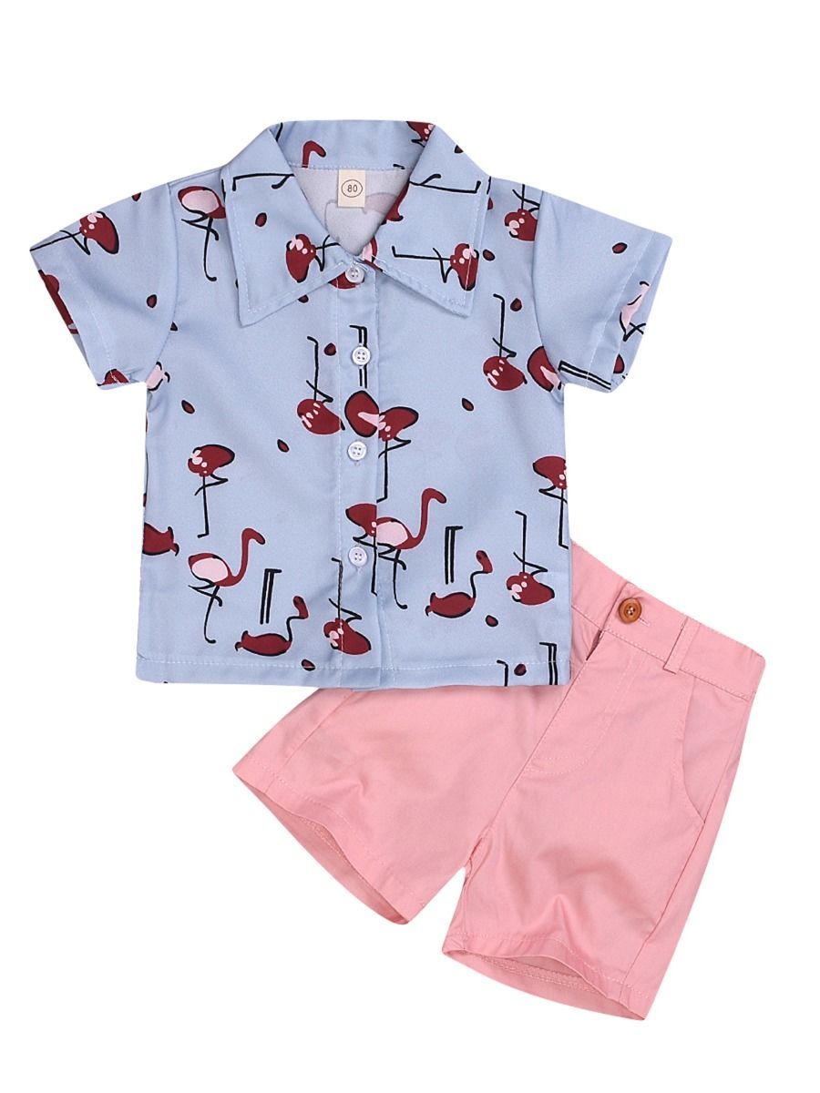 2-Piece Flamingo Outfit Turn-down Collar Shirt + Pink Shorts for Baby Toddler Kids - dianjiang-