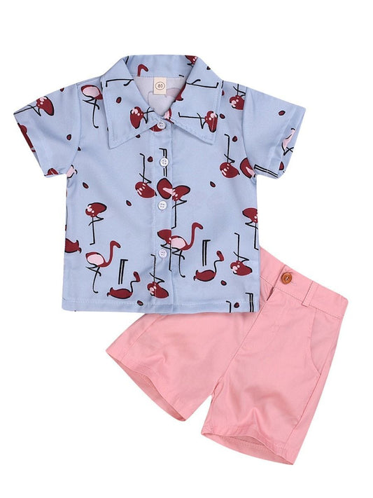 2-Piece Flamingo Outfit Turn-down Collar Shirt + Pink Shorts for Baby Toddler Kids - dianjiang-