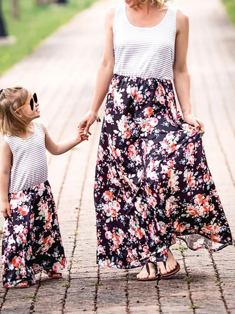 Mommy and Me Family Fitted Stripe Flower Patchwork Dress Summer - dianjiang-