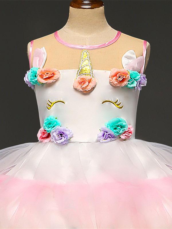 2 Kinds Flower Trim Unicorn Layered Princess Party Dress - dianjiang-