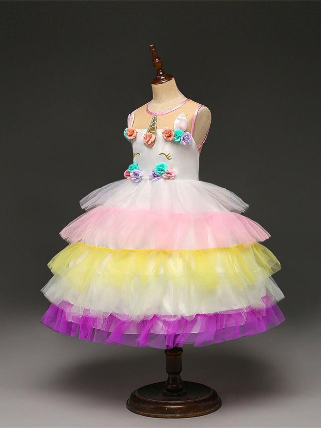 2 Kinds Flower Trim Unicorn Layered Princess Party Dress - dianjiang-