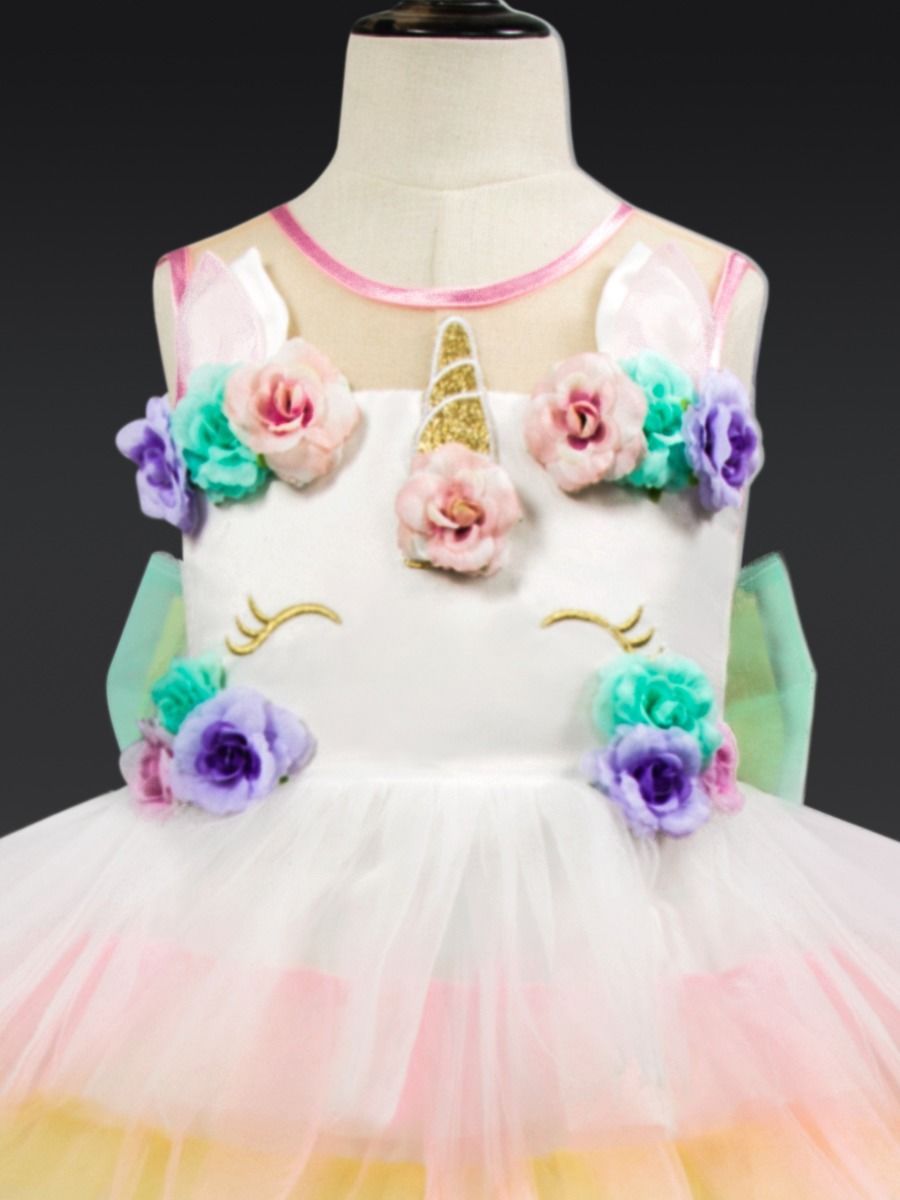 2 Kinds Flower Trim Unicorn Layered Princess Party Dress - dianjiang-