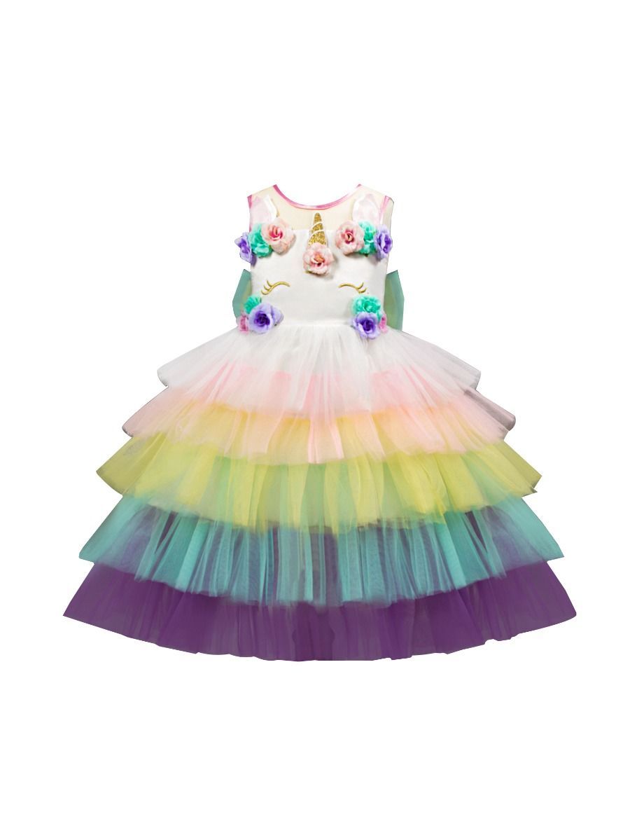 2 Kinds Flower Trim Unicorn Layered Princess Party Dress - dianjiang-