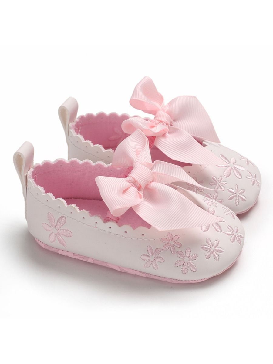 Bow Flower Embroidery Baby Girl Shoes Pink/White - dianjiang-