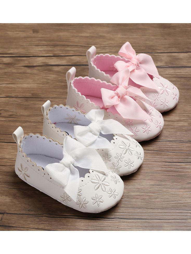 Bow Flower Embroidery Baby Girl Shoes Pink/White - dianjiang-