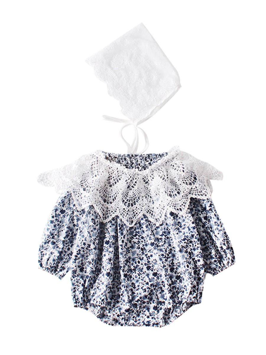 3-Piece Outfit Lace Detachable Collar+Floral Romper+Hat for Baby Girl - dianjiang-